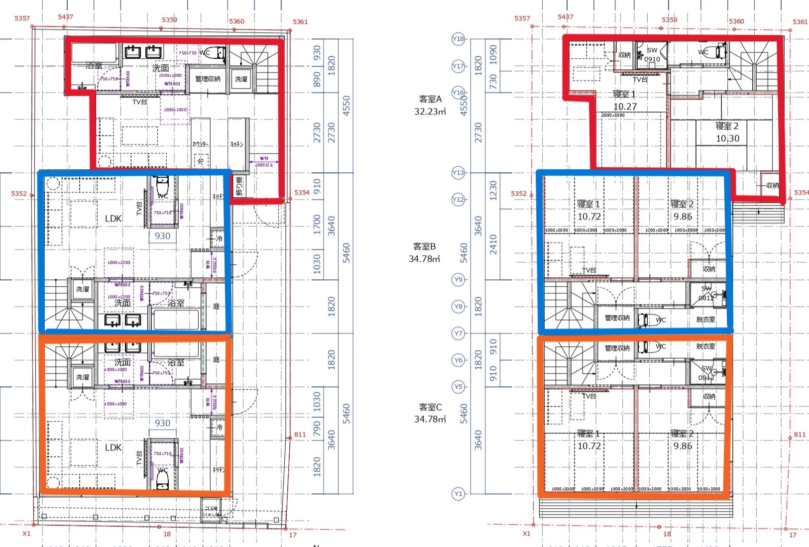南区東九条中殿田町　3連棟企画平面図