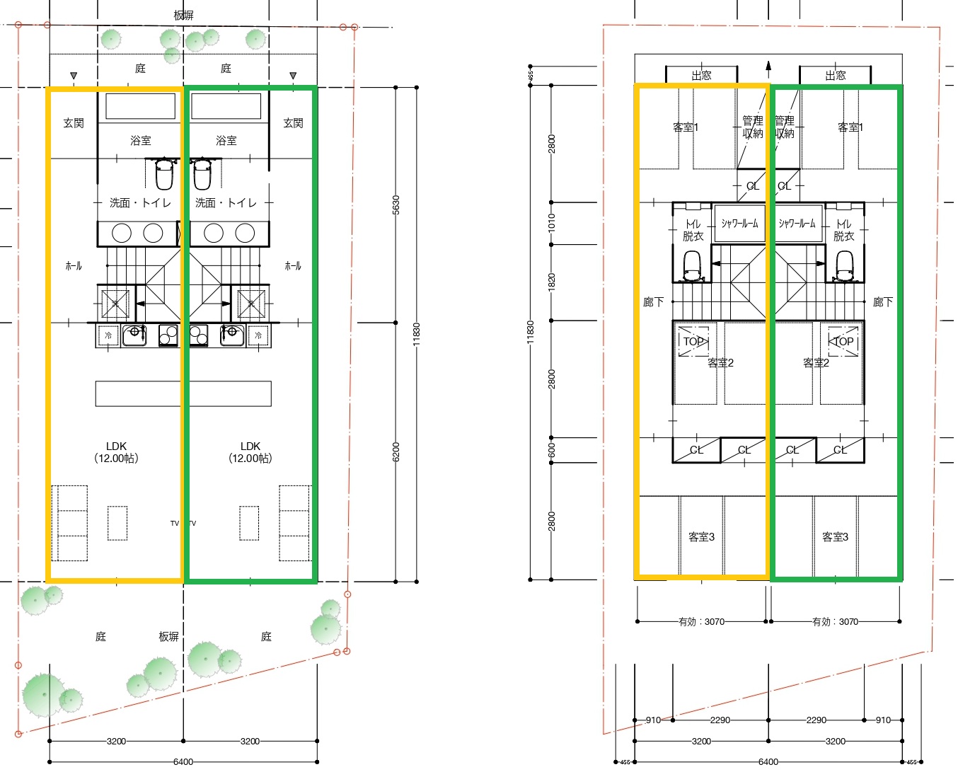東山区本瓦町 新築2連棟企画平面図